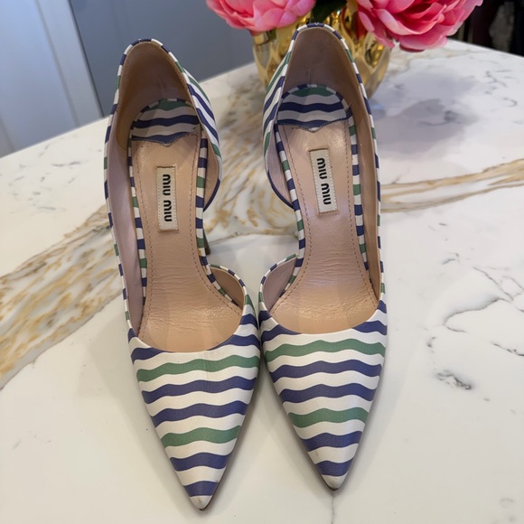 Miu Miu Shoes - Miu Miu Multicolor Stripe Pointed Toe Pumps Green Heel